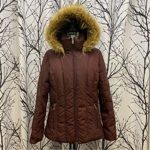 CALVIN KLEIN Women's Puffer Coat Hooded Faux Fur Trim Maroon Red Size Large